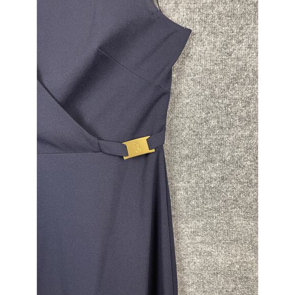 Ralph Lauren Crepe Sleeveless Dress Navy Blue Midi Gold Plated Logo Size 16 - Picture 3 of 16